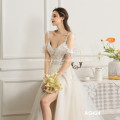 Simple wisp empty design lace printed wedding white suspenders multi-layer beach bridal dress